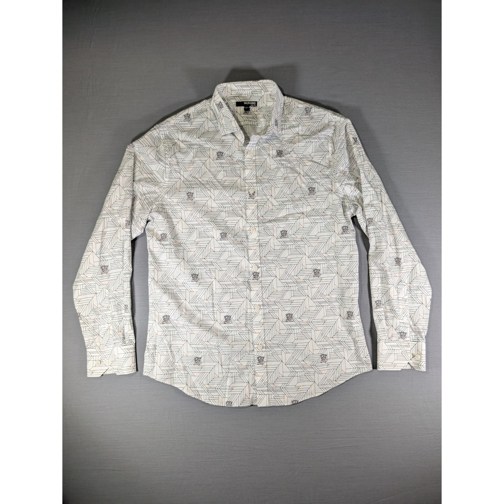 Murano Mens Slim Fit Button Down Shirt White Geometric Tiger Print Large L
